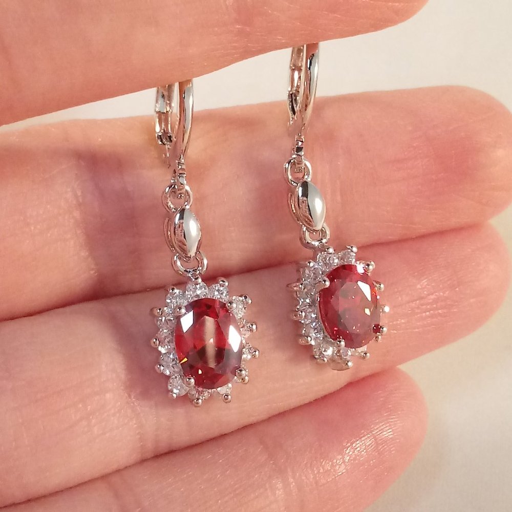 18K White Gold Filled Ruby Red Diamond Zircon Dangle Earrings 1.21ctw Party Gift